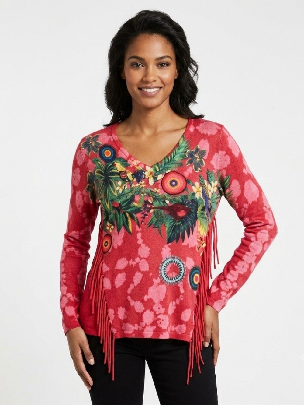 Desigual boho printed fringe sweater